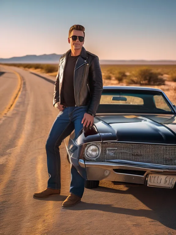 Classic Car Icon portrait style — Vintage muscle car, leather jacket, open road. American freedom personified.