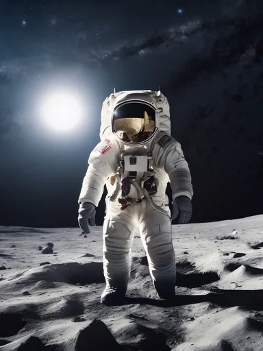 Space Pioneer portrait style — NASA suit, American flag on the moon. One small step for you.